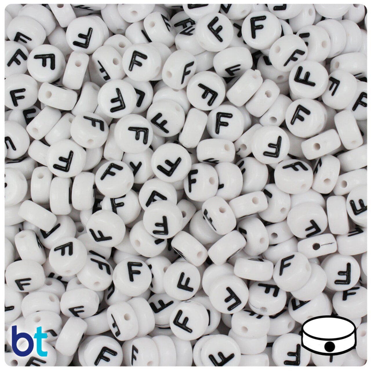 BeadTin White Opaque 7mm Coin Plastic Alpha Beads - Black Letter F (100pcs)